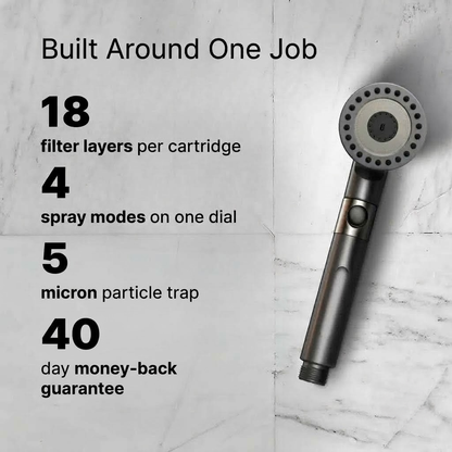 18 filter layers, 4 spray modes, 5 micron trap, 40-day guarantee